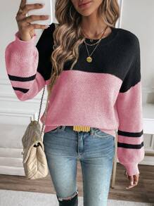 SHEIN Essnce Sọc Khối màu Tay áo dài Áo len - Hồng - Xem 3