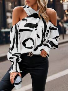 SHEIN Privé Women's Shirt With Random Letter Print, Flared Cuff, Cut-out Shoulder Design