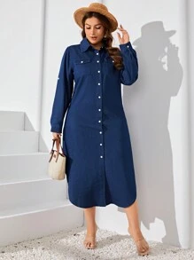EMERY ROSE Plus Size Denim Overall Dress With Buttons Fall Cloth For Women - Dark Wash - View 5