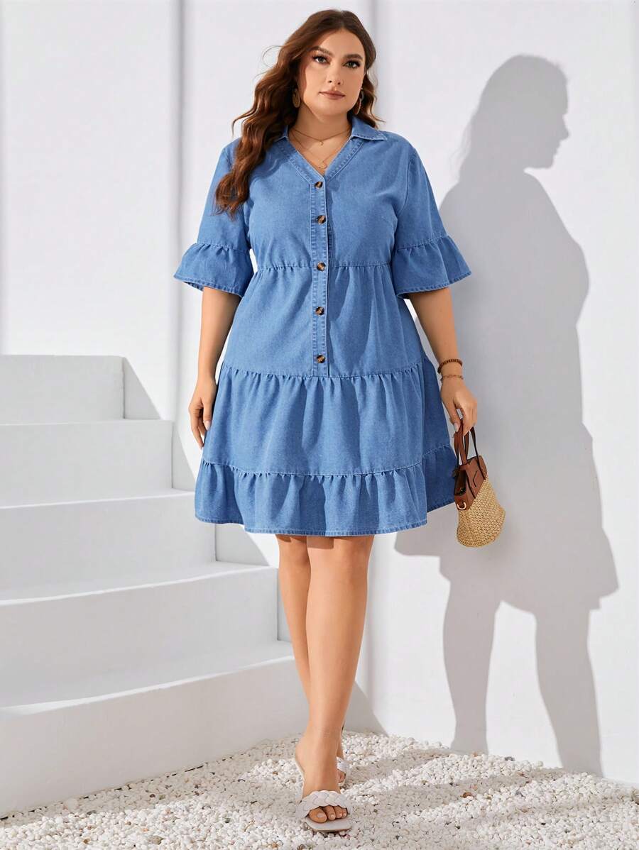 SHEIN Clasi 大尺碼鈕扣牛仔裙,鬆緊褶邊設計