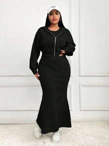 SHEIN EZwear Conjunto De Dos Piezas Para Mujer Con Sudadera Con Capucha Y Cremallera Y Falda De Cola De Pez En Talla Grande