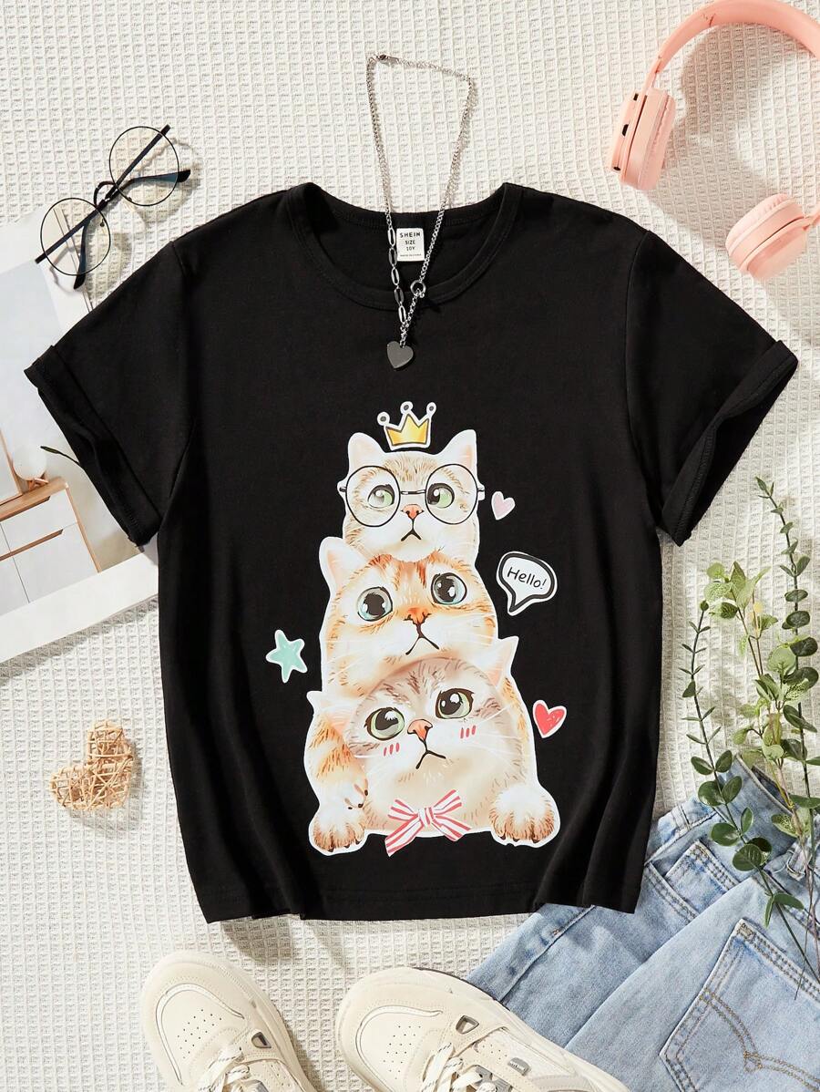 SHEIN Tween 女童时尚宽松猫咪印花落肩短袖 T 恤 - 黑色 - 查看 1