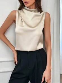 Firerie Draped Collar Sleeveless Satin Tank Top