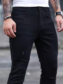 Manfinity Homme Jeans de algodón para hombre con efecto de arañazos de gato, corte skinny, look liso, ajuste delgado, jeans largos de color negro lavado, jeans cargo lisos, para regalos a esposo o novio - Negro - Ver 6