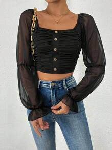 SHEIN Allurite 雪紡袖拼布褶皺短襯衫 - 黑色 - 查看 5