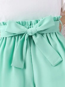 SHEIN Young Girl Top With Ruffle Trim And Paperbag Waist Pants, 2pcs/Set - Mint Green - View 3