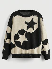 ROMWE Hippie 星星圖案圓領毛衣 - 黑色 - 查看 1