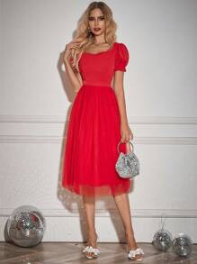 Vestido De Princesa Rojo Con Mangas Abullonadas Transparentes Y Cintura Ajustada Para Uso Diario, Primavera Y Verano - Rojo - Ver 4