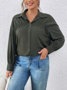 SHEIN Essnce Camisa De Manga Larga De Color Liso De Talla Grande - Verde Oscuro - Ver 4