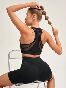 SHEIN Yoga Sxy Mesh Contrast Sports Bra - Black - View 5