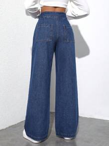 SHEIN Privé Solid Color High Waist Jeans - Dark Wash - View 2