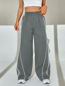 SHEIN EZwear 撞色條紋捲邊長褲 - 灰色 - 查看 3
