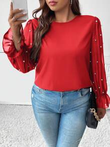 Celure Plus Size Women's Lotus Leaf Sleeve Shirt With Faux Pearl Decor - Red - View 5