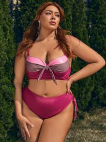 SHEIN Swim Curve Conjunto de bikini con bloques de color y detalles de nudos para tallas grandes, ideal para el verano