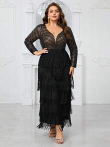 YISIKADO Của phụ nữ Kích thước lớn Cổ chữ V Tay áo dài Kim sa Vá lại Sọc Buổi tiệc Đầm dạ hội Đối với Dạ hội - màu đen - Xem 5