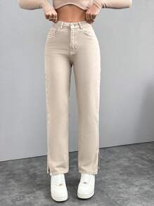 EURMUSE Women's Solid Color Split Hem Straight Leg Jeans - Beige - View 1