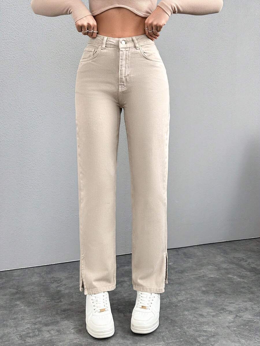 EURMUSE Women's Solid Color Split Hem Straight Leg Jeans - Beige - View 1