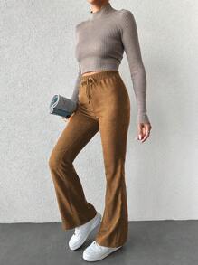 EURMUSE High Waist Drawstring Wide Leg Pants - Coffee Brown - View 1