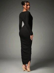 SHEIN BAE 高彈性和褶皺設計的貼身晚禮服,適合各種節日派對 - 黑色 - 查看 2