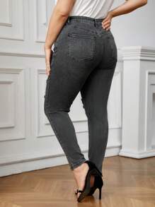 Plus Size Distressed Skinny Jeans - Grey - View 2