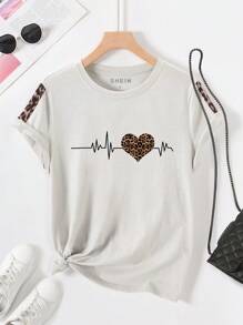 SHEIN Unity Women's Leopard Print Heart-shaped Pattern Short Sleeve T-shirt - Light Grey - View 1