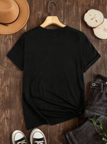 SHEIN LUNE 1 件文字圖案短袖休閒 T 卹 - 黑色 - 查看 2