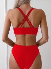 Swim Basics 純色中空細節比基尼泳衣套裝 - 紅色 - 查看 2