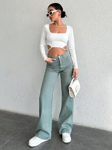 Cottnline Ladies' Casual Denim Trousers With Pockets - Mint Green - View 2