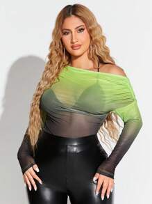 SHEIN SXY Trajes De Club De San Valentín, Top De Manga Larga Sexy Informal De Malla Transparente Con Hombros Descubiertos Y Gradiente