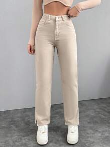 EURMUSE Women's Solid Color Split Hem Straight Leg Jeans - Beige - View 6
