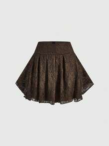 ROMWE Fairycore Versatile Floral Lace Asymmetrical Draping Brown Midi Skirt For Women - Coffee Brown - View 1