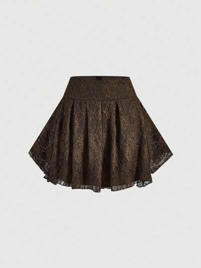 Fairycore Jupe midi asymétrique drapée marron avec fleurs et dentelle, polyvalente pour femmes
