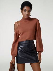 NILLARY Designer Women Solid Color Hollow Out Shoulder & Stand Collar Cropped Sweater, For Holiday, Vacation, Festival, Ibiza Fits - Rust Brown - View 2