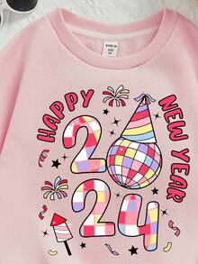 Tween Girl'S New Year Slogan Printed Round Neck Fleece Pullover - Baby Pink - View 3