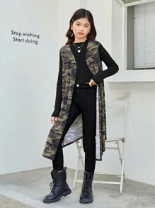 補間女孩迷彩針織寬鬆前開無袖開襟衫 - 軍綠色 - 查看 4