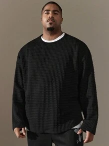 SHEIN Manfinity Homme Men's Plus Size Loose Fit Waffle Plaid Patterned Long Sleeve T-Shirt - Black - View 5