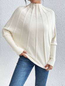 SHEIN Essnce Của phụ nữ Màu thuần Đứng cổ áo tay cánh Áo len - Màu be - Xem 4