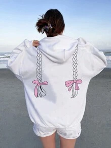 SHEIN EZwear 女士帶蝴蝶結印花連帽毛絨衛衣 - 白色 - 查看 1