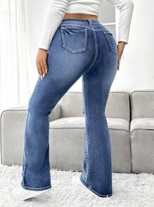 SHEIN EZwear Plus Size Distressed Water Washed Flared Jeans - Medium Wash - View 2