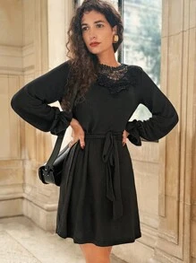 SHEIN Frenchy Lace Insert Long-sleeved Dress
