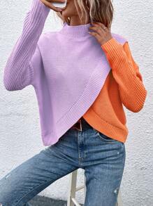 SHEIN Essnce 彩色分區立領交叉包裹毛衣 - 彩色 - 查看 1