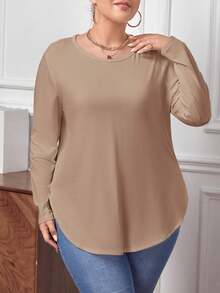 SHEIN LUNE Women's Plus Size Round Neck Long Sleeve Casual Striped T-Shirt, Fall Women Clothes - Apricot - View 5