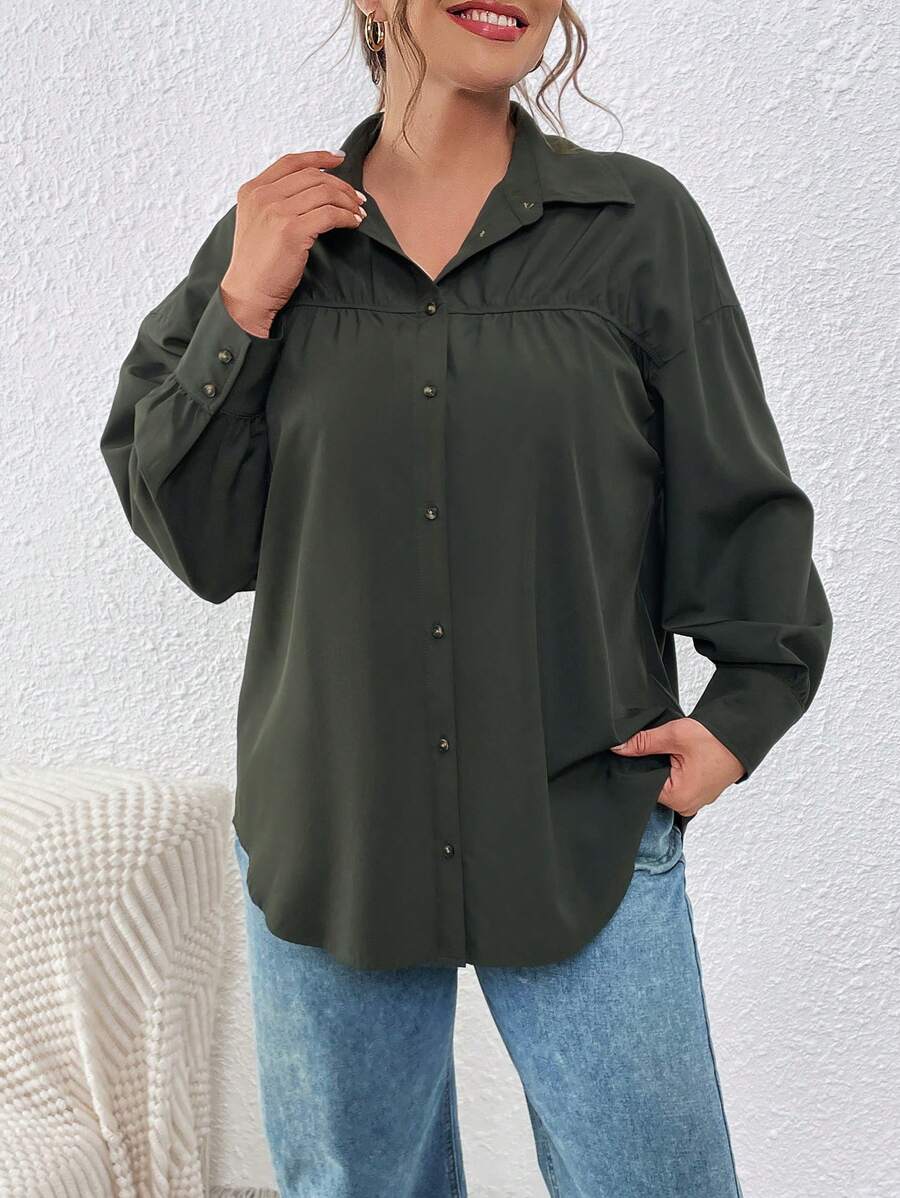 SHEIN Essnce Camisa De Manga Larga De Color Liso De Talla Grande - Verde Oscuro - Ver 1