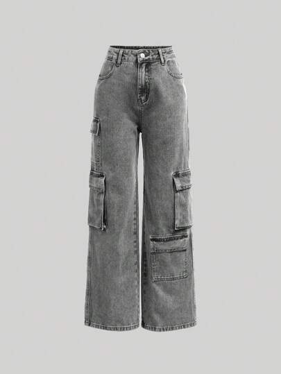 SHEIN Girlism Teenage Girls' Cargo Style Denim Trousers With Pockets