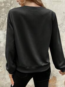 SHEIN LUNE 1pc Casual Round Neck Drop Shoulder Sleeve Sweatshirt With Text Print - Black - View 2