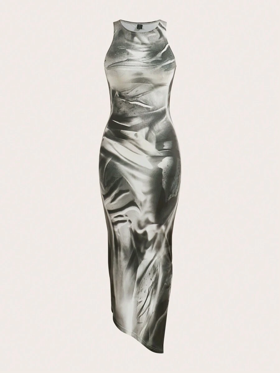 SHEIN ICON Nhuộm buộc Mẫu Lưới Gợi cảm Đầm - màu nâu - Xem 1