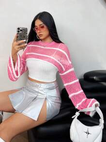 SHEIN X MariajoseGi SHEIN ICON Pull Court Grande Taille À Rayures Avec Col Rond - Multicolore - Voir 4