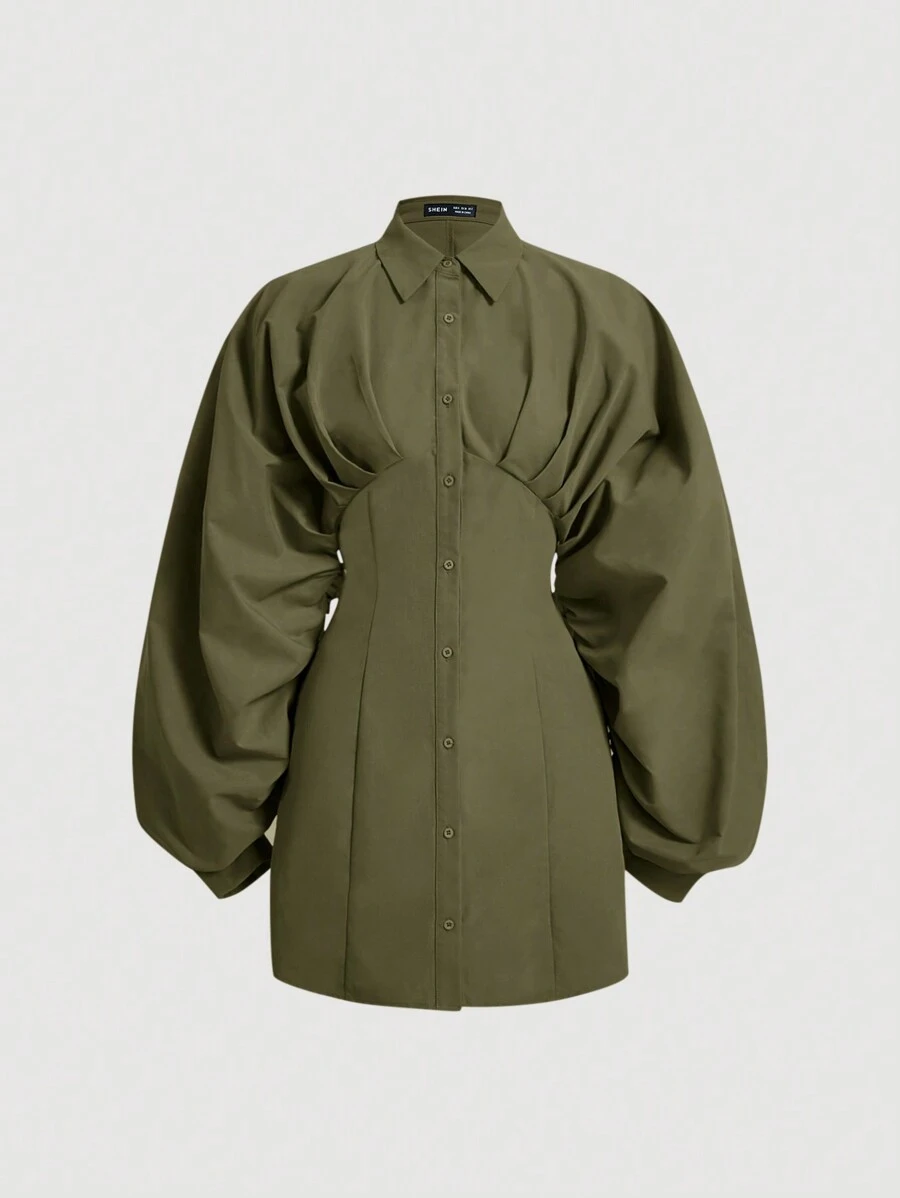 SHEIN MOD 純色燈籠袖襯衫連身裙