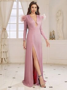 SHEIN Belle Women's Patchwork Turkey Feathers Split Hem Evening Dress With Heavy Work - Pink - View 7