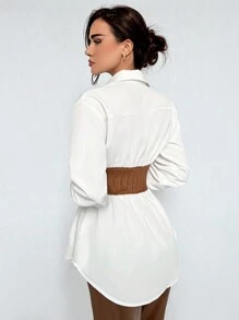 SHEIN Privé 拼色腰部束帶長袖女襯衫 - 白色 - 查看 2